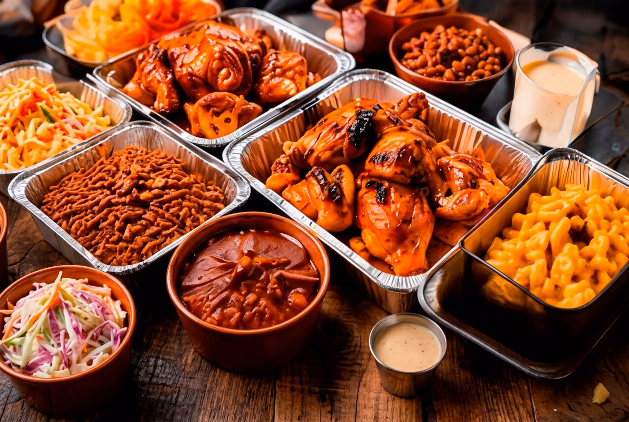 Barbecue chicken in trays with macaroni and cheese, baked beans, coleslaw, and sauce on wooden table.