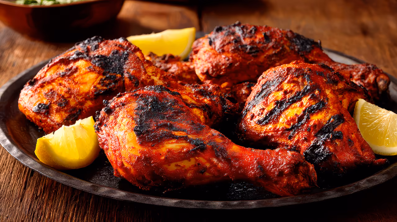 Grilled tandoori chicken pieces with char marks on a black plate with lemon wedges.