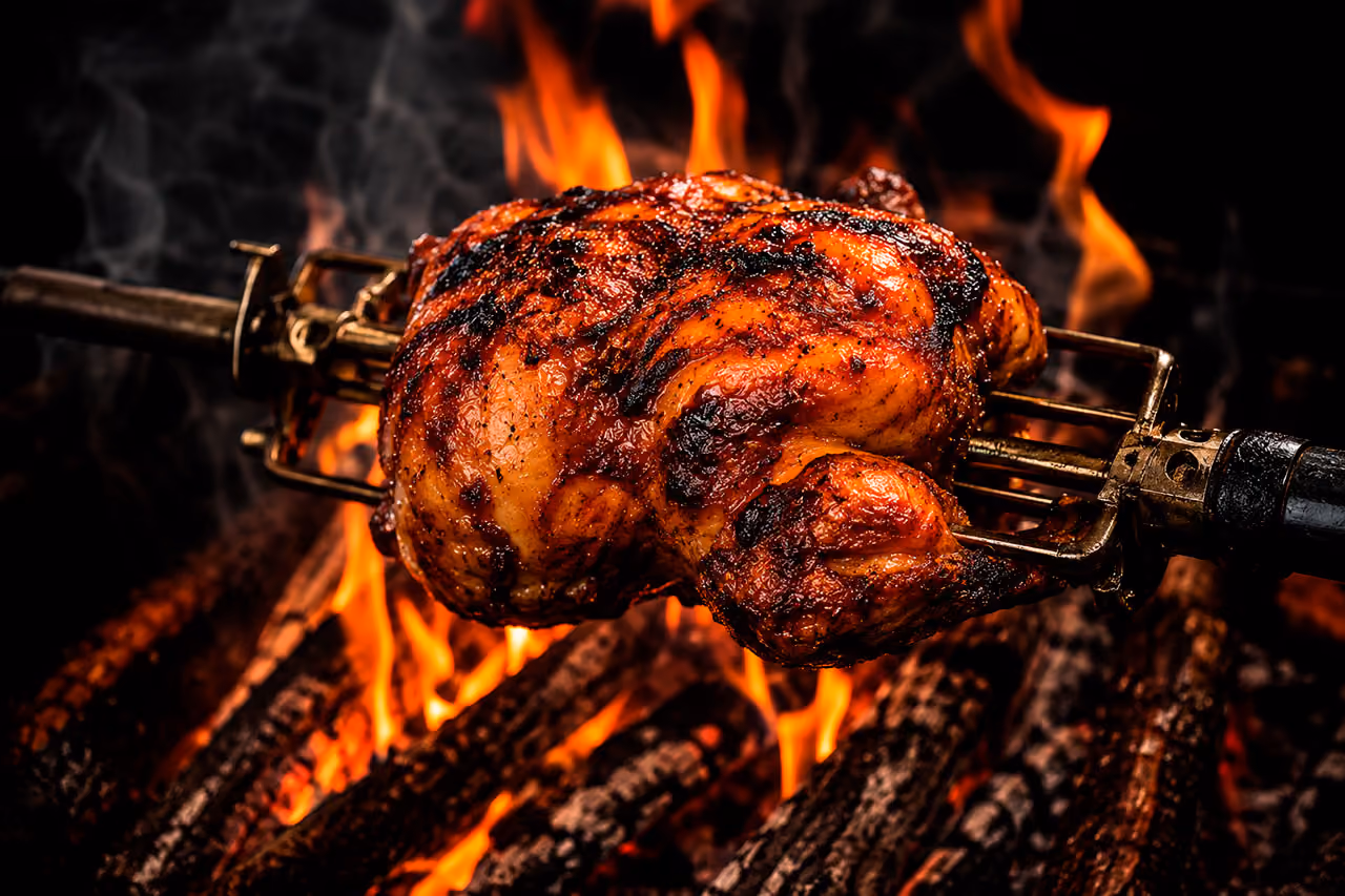 Whole chicken roasting over flames on a rotating spit with charred skin and smoke in background.