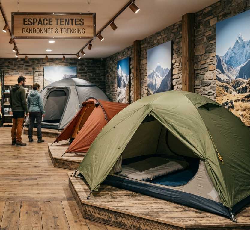Rayon de tentes dans un magasin d'équipement outdoor
