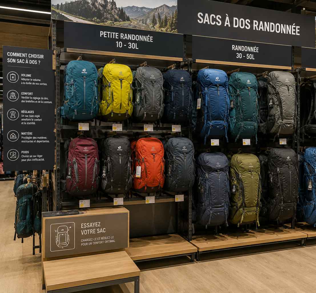 Rayon de sacs à dos dans un magasin d'équipement outdoor