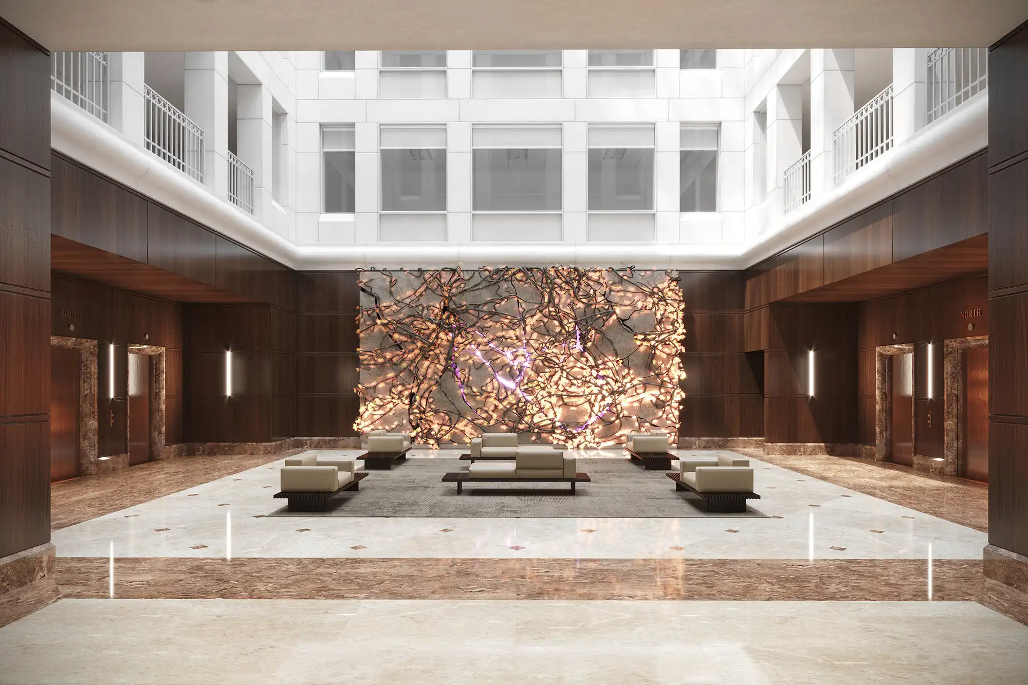 Premium commercial interior architectural rendering demonstrating lighting, material detail, composition, and visual storytelling