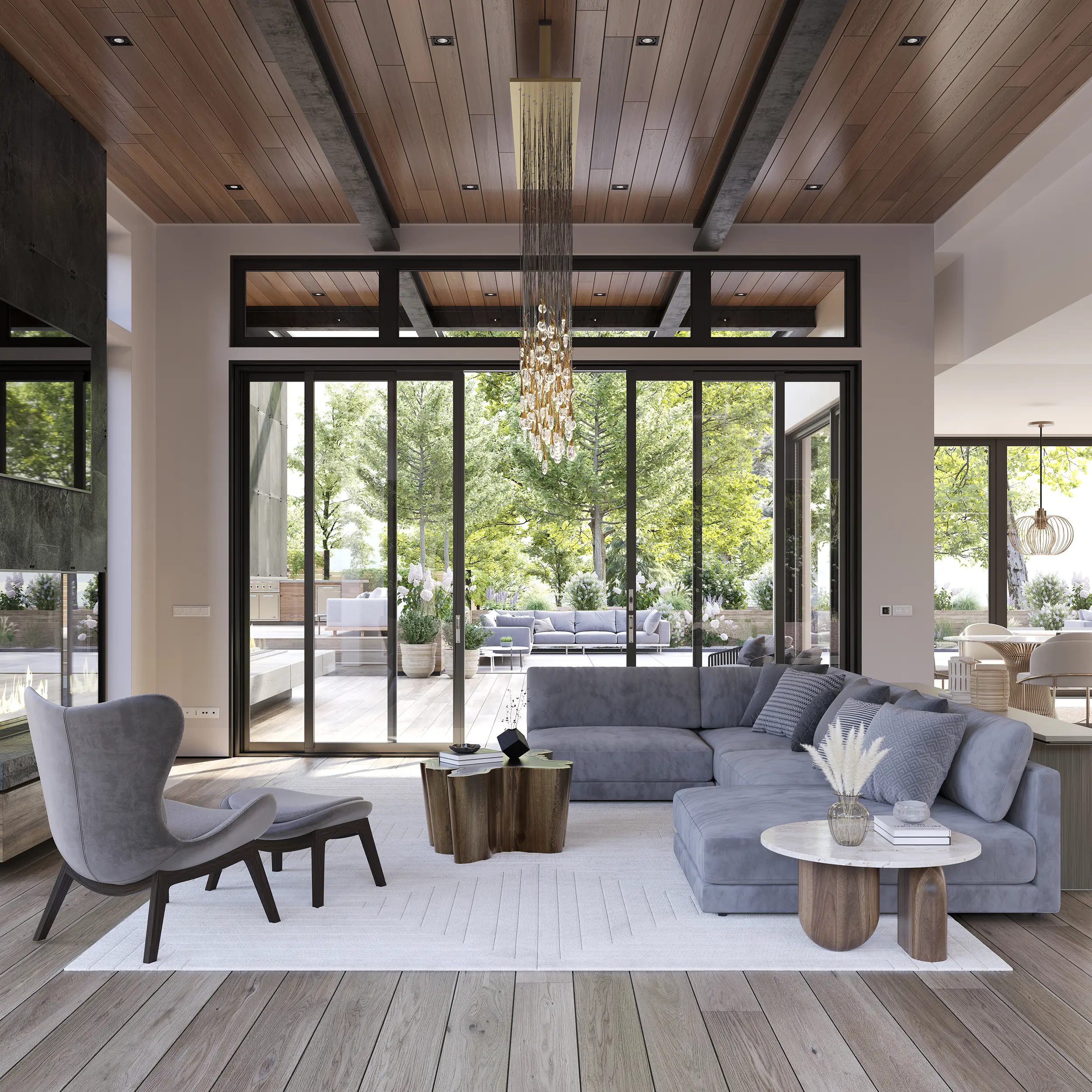 Contemporary residential living room visualization featuring expansive window and door systems with natural daylight
