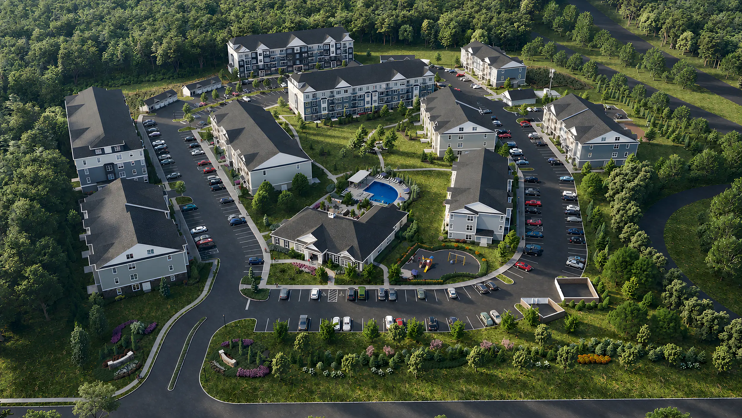 Aerial architectural visualization of a multifamily residential community with landscaped grounds and amenity spaces