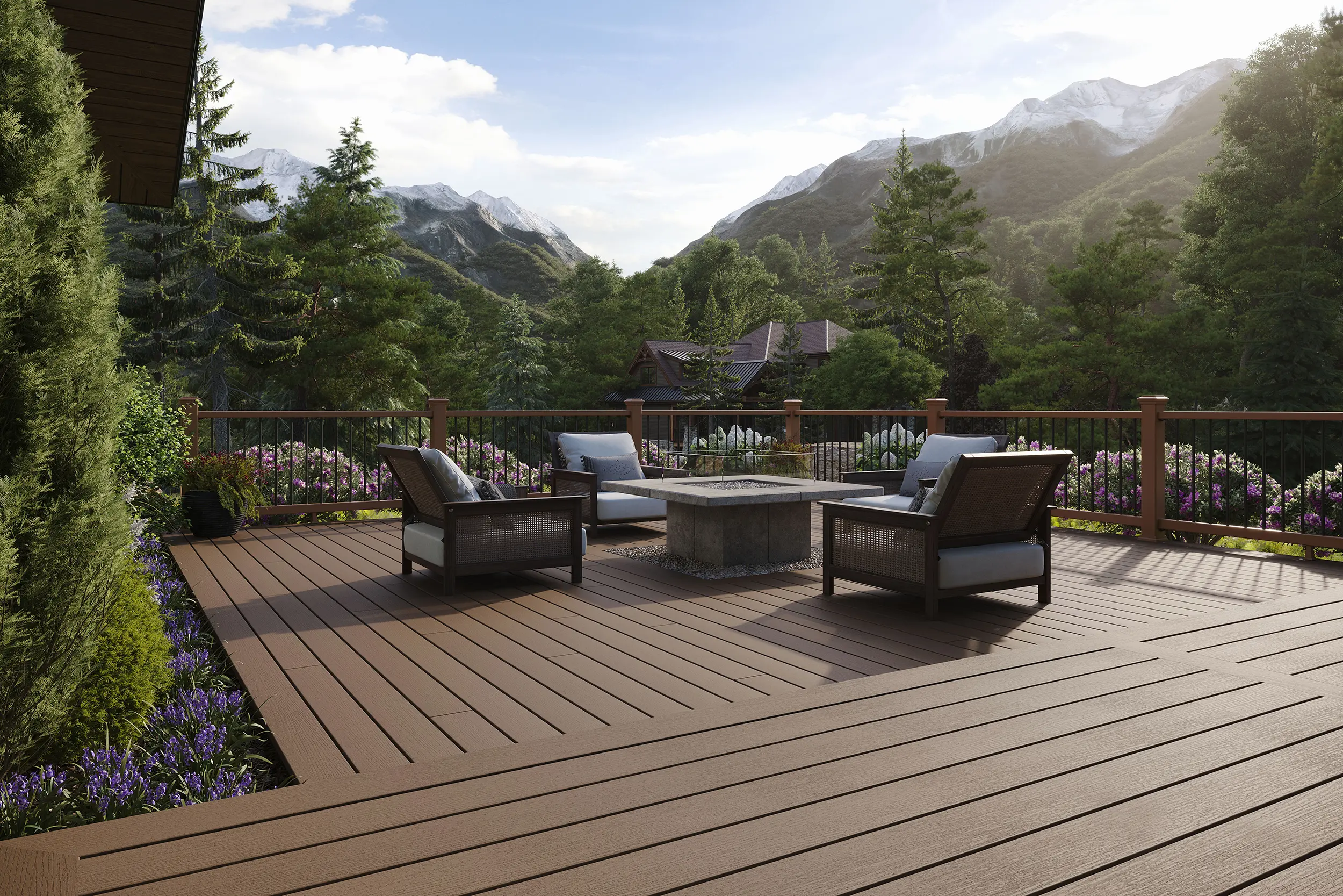 Mountain-view residential deck visualization with composite decking, lounge seating, and a fire feature