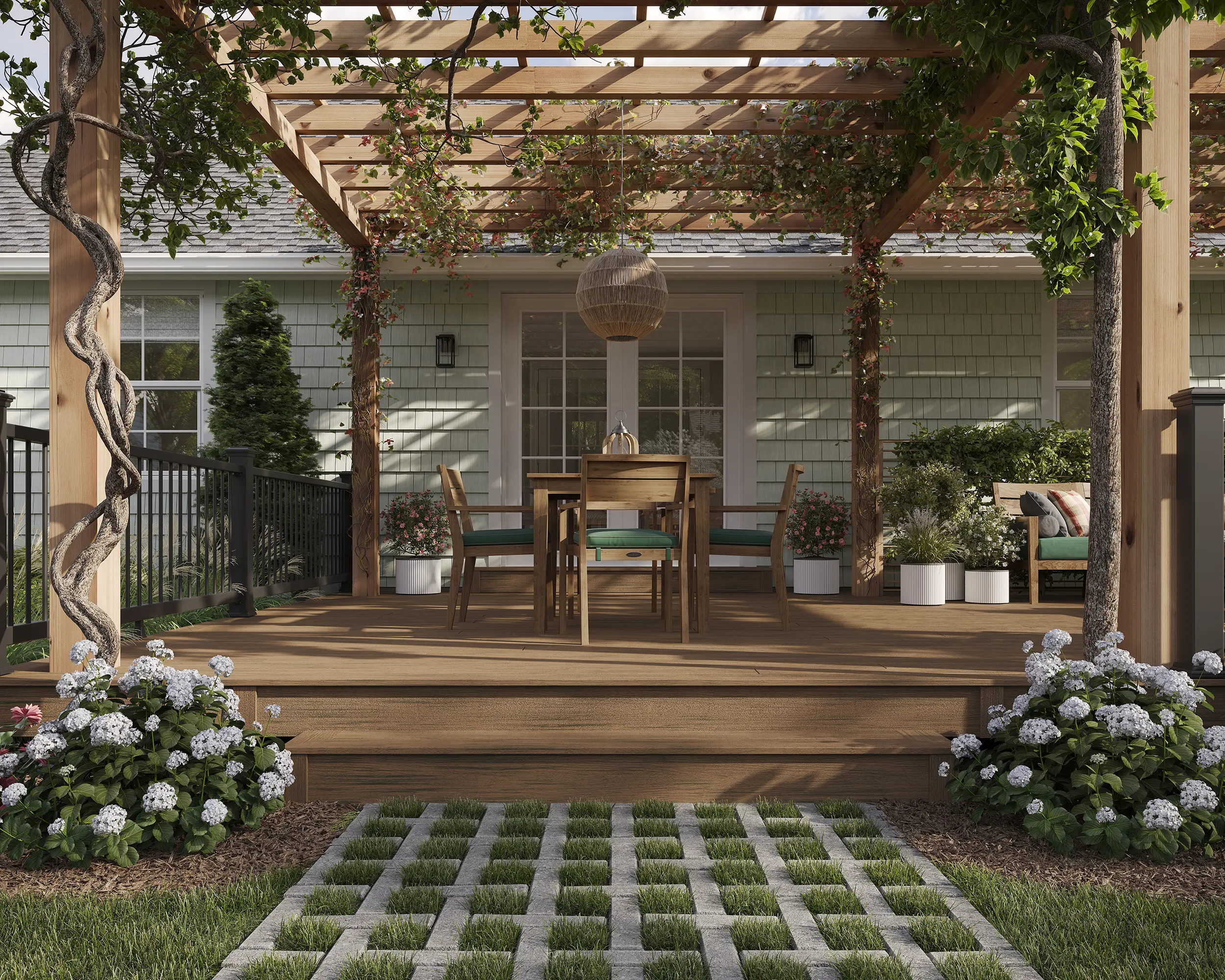 Residential outdoor living visualization featuring composite decking, pergola seating, and detailed railing systems