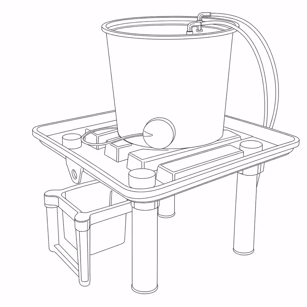 Line illustration of an irrigation control tray and reservoir