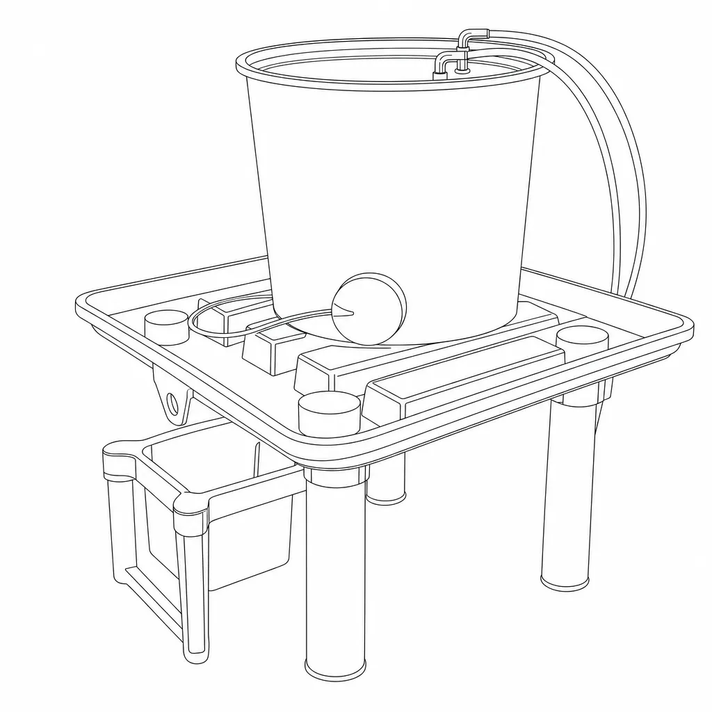 Line illustration of an irrigation control tray and reservoir