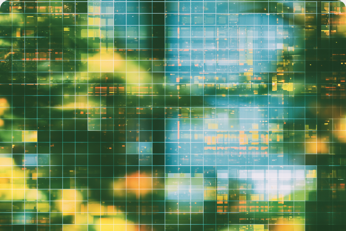 Cultivation canopy rendered as an encrypted grid mosaic representing protected data