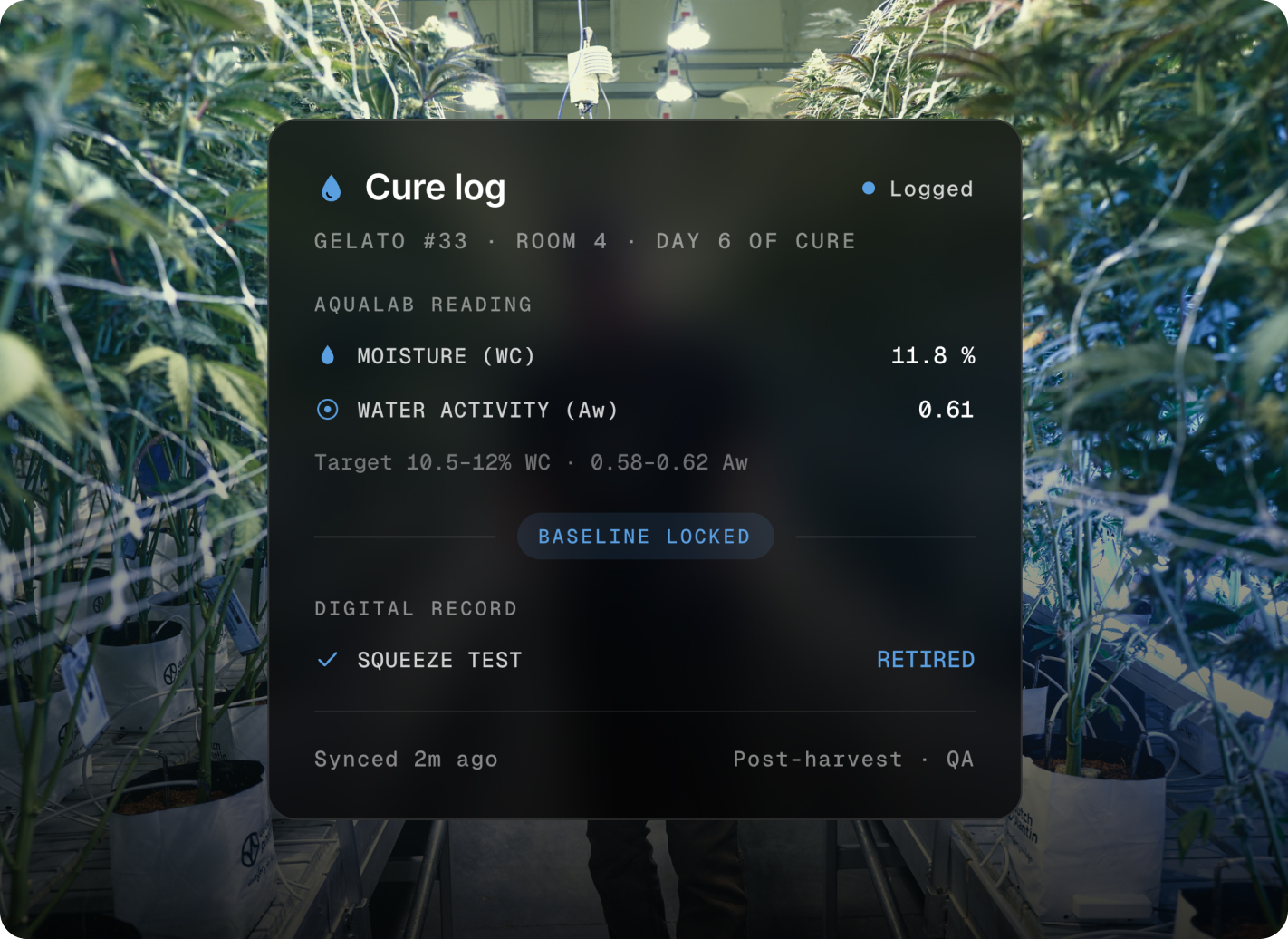 AROYA cure log showing a logged AQUALAB reading over a cultivation room