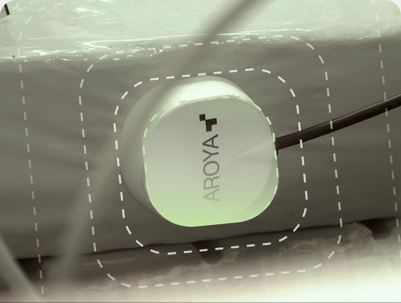 AROYA TEROS substrate sensor inserted in a rockwool block, with concentric dashed rings marking its sensing field