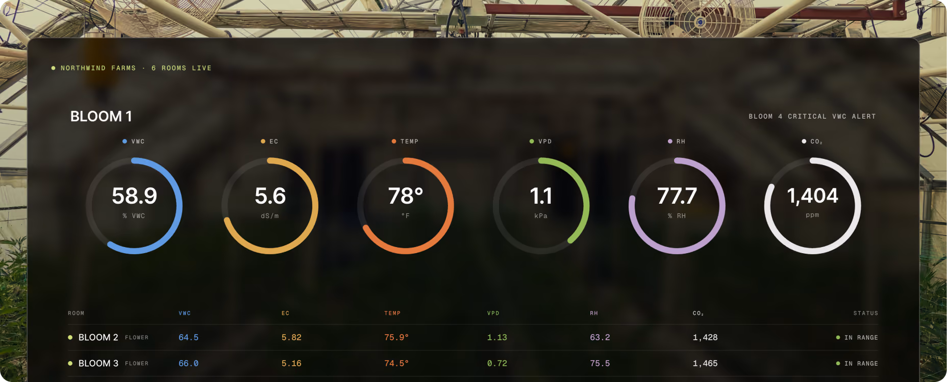 AROYA software dashboard showing live room metrics for water content, EC, temperature, VPD, humidity and CO2 over a commercial grow room