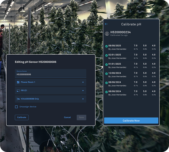 Calibrate pH device screens over the grow-room photo