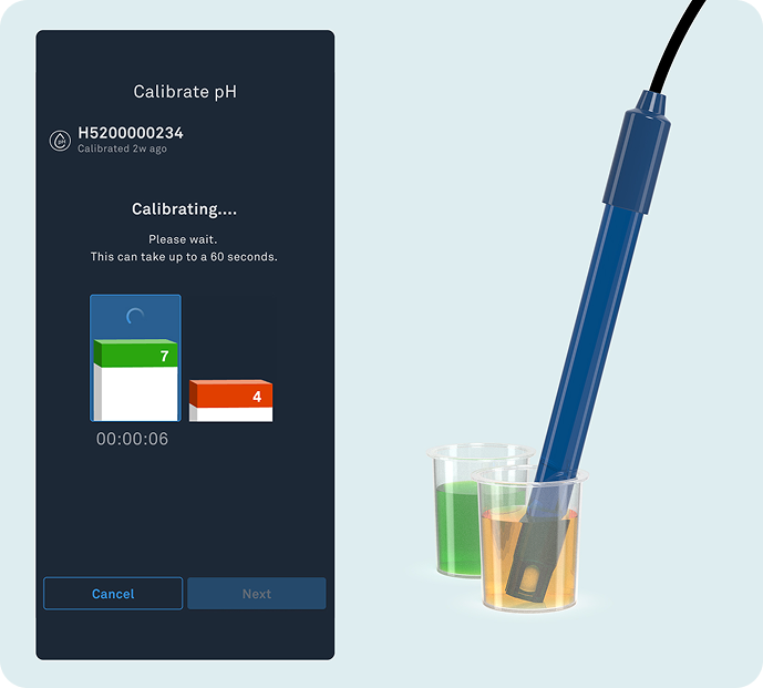 pH pen in buffer cups beside the Calibrating app screen