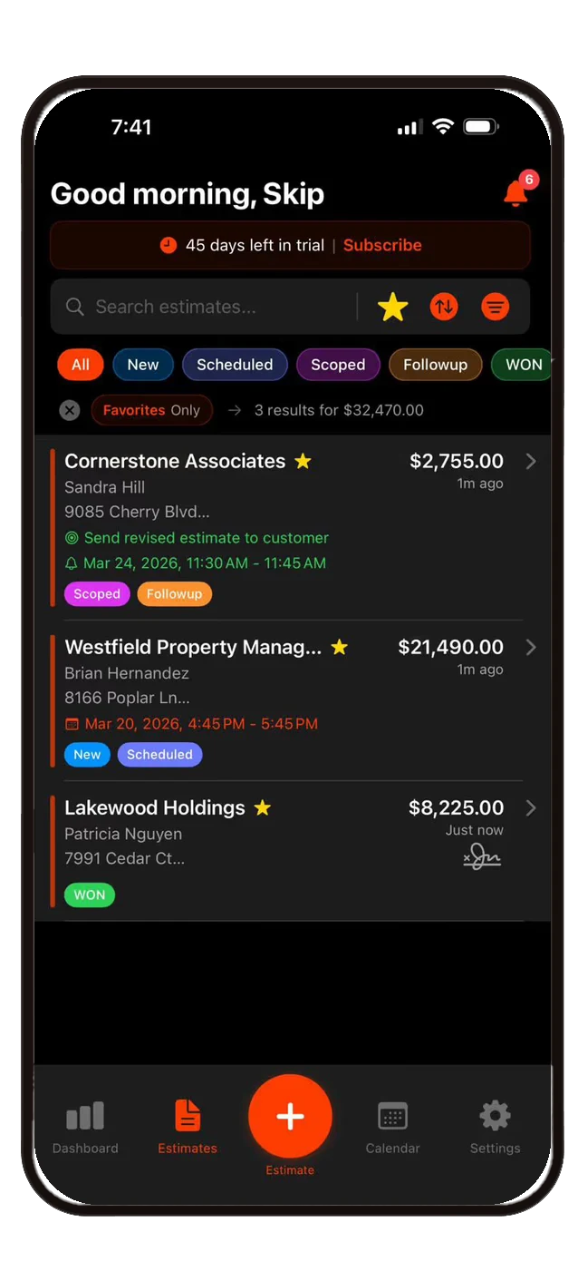 Smart Scope estimates list screen