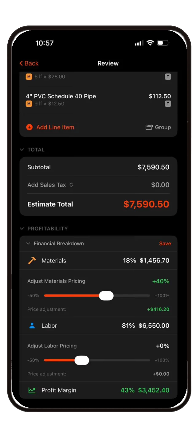 Pricing adjustment sliders screen
