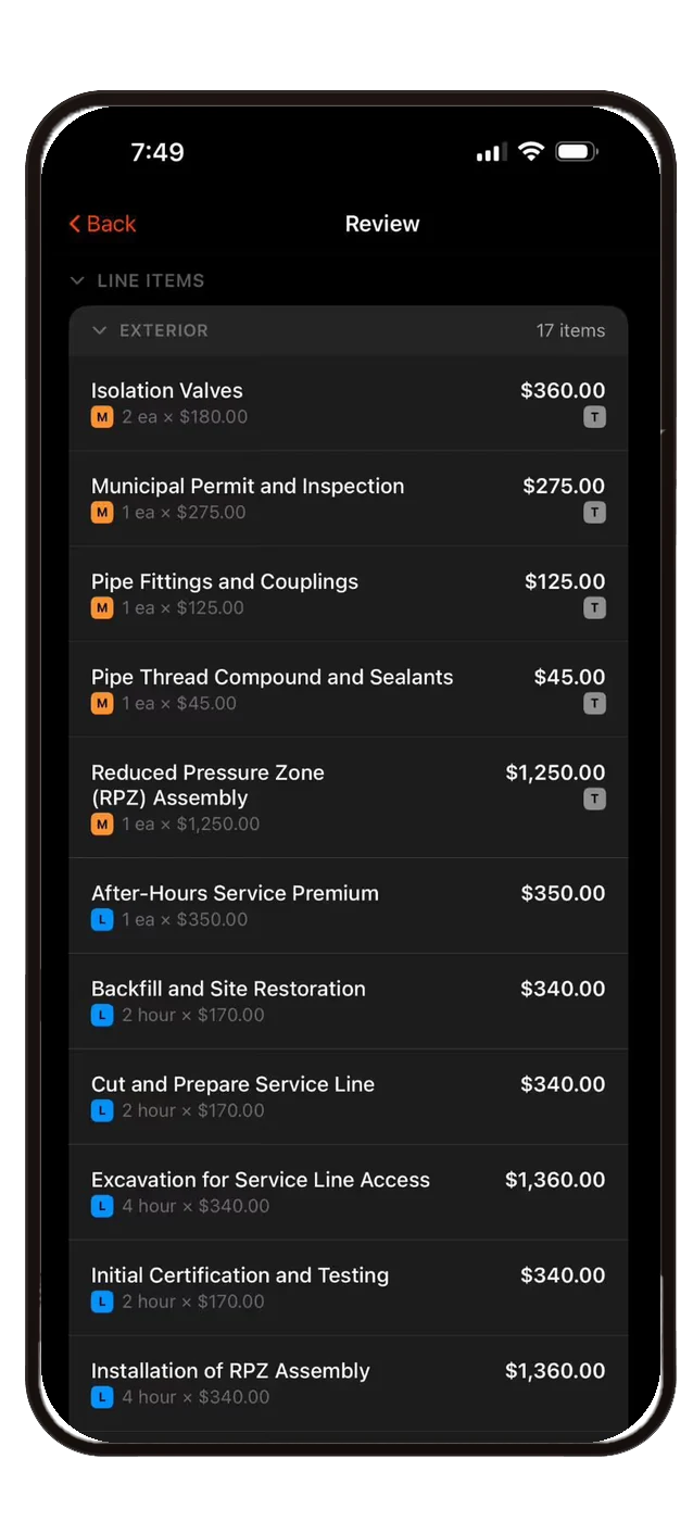 Line items screen