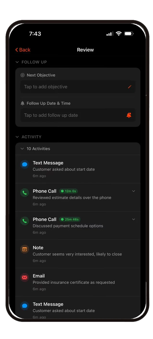 Activity log screen