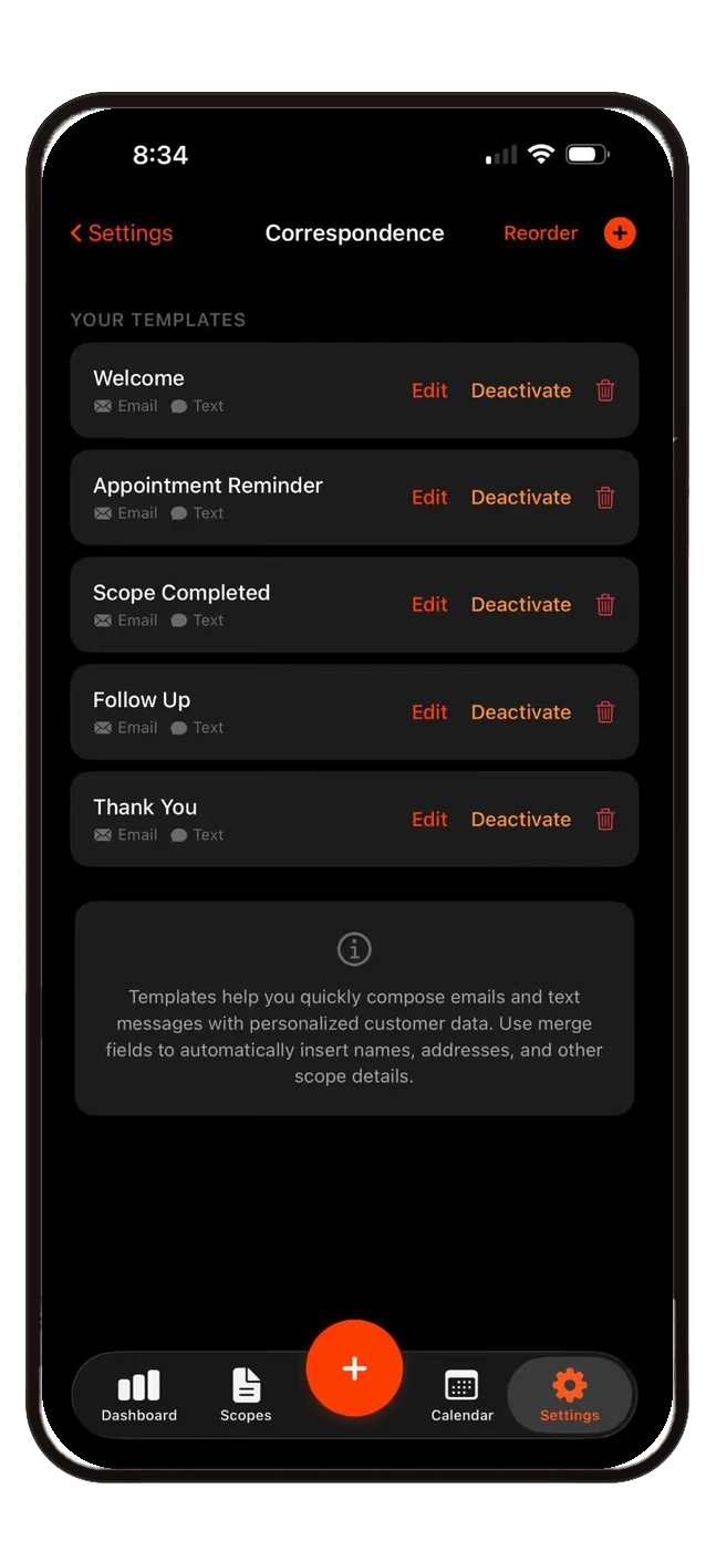 Correspondence templates screen