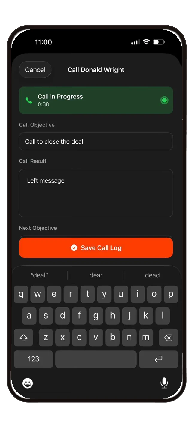 Call logging screen