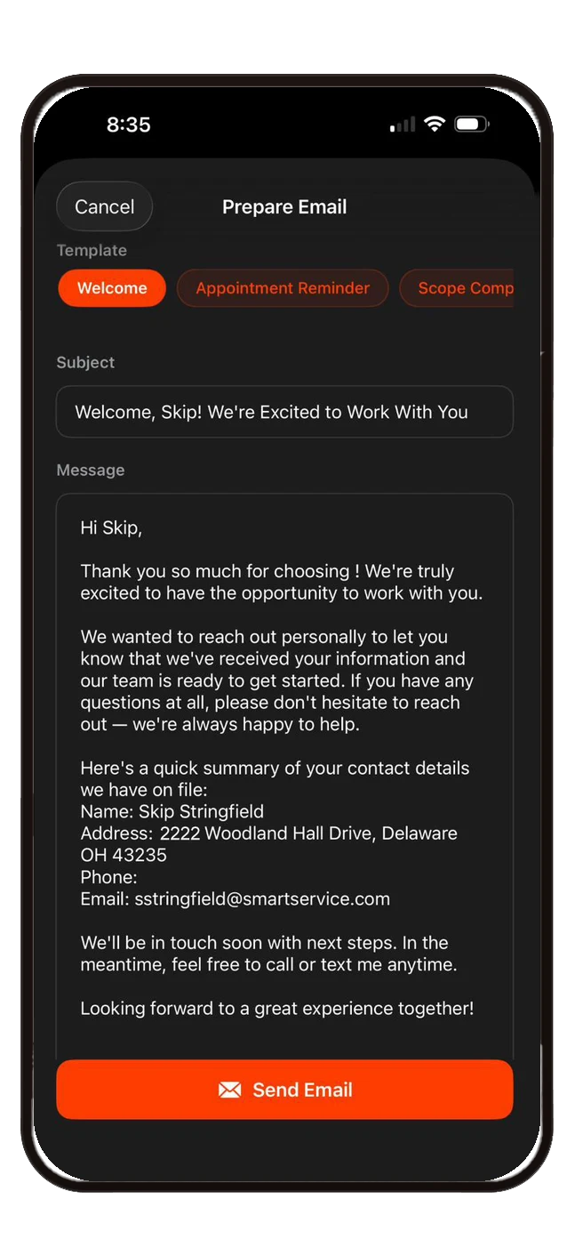 Prepare email screen