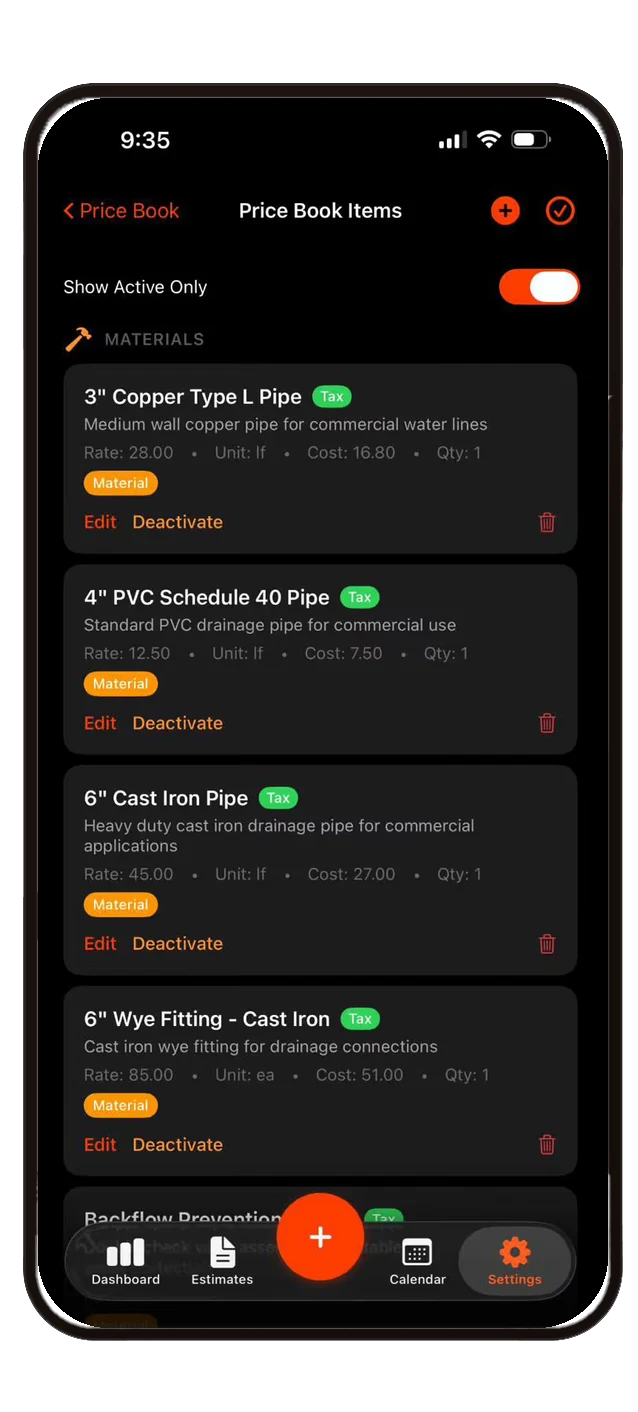 Price book items screen
