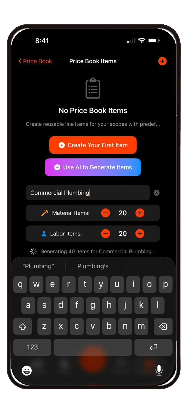AI price book generation screen