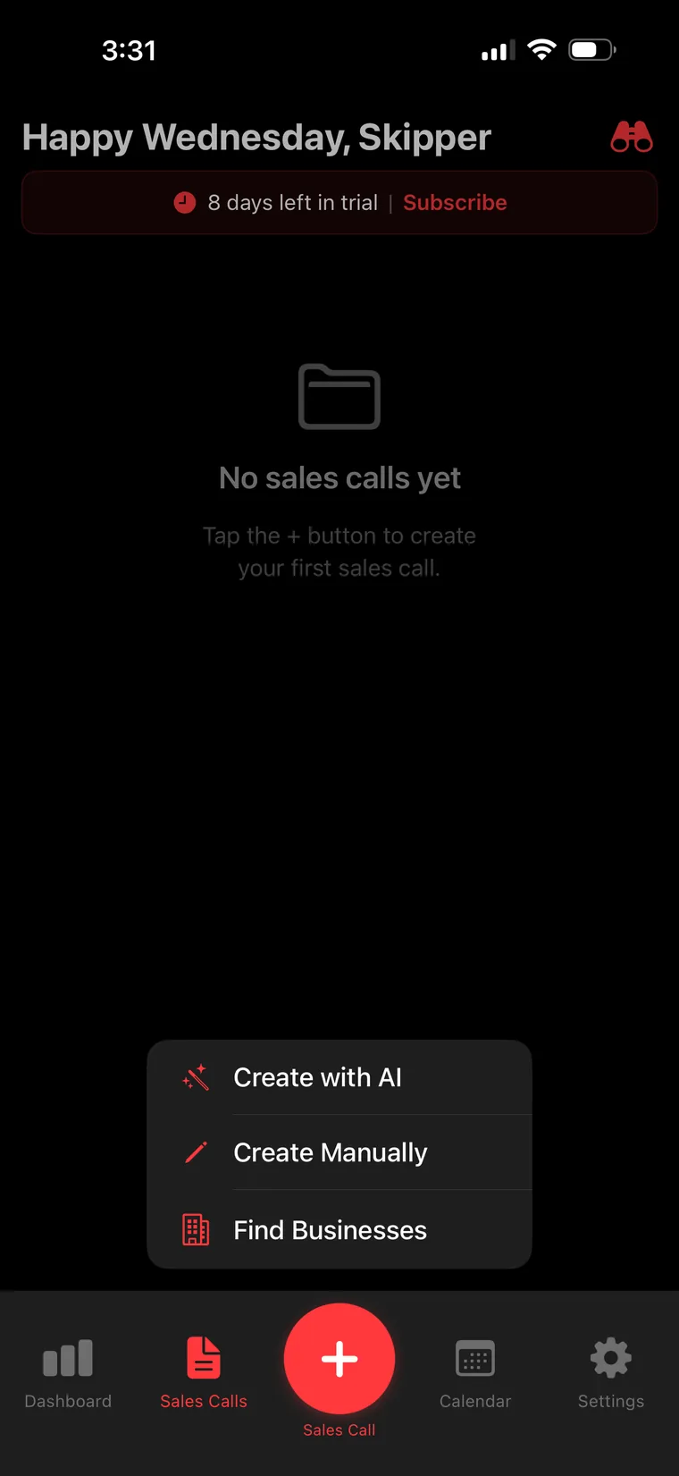 Smart Scope Sales Calls screen with the + menu open