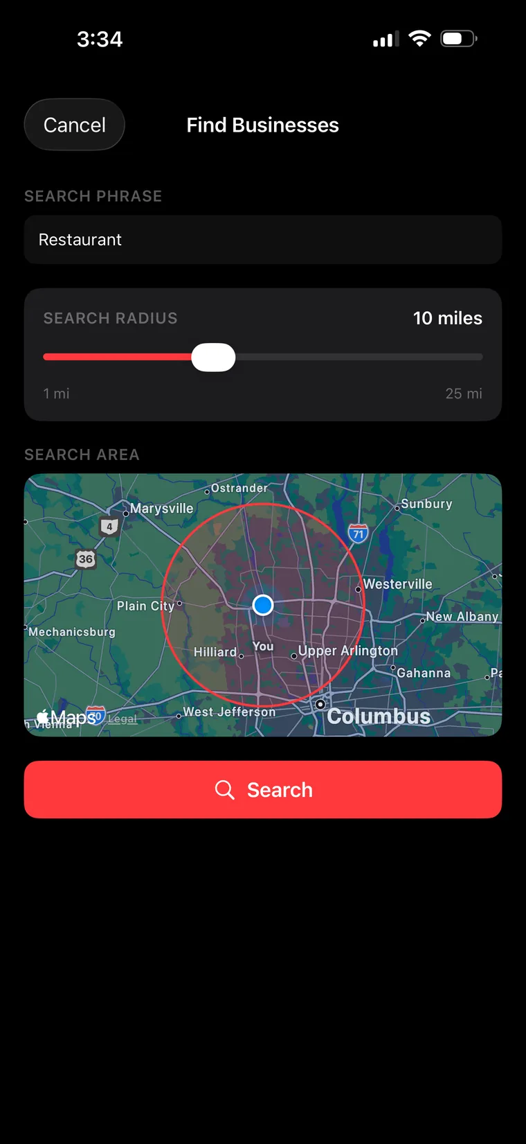 Find Businesses screen with radius slider and live map