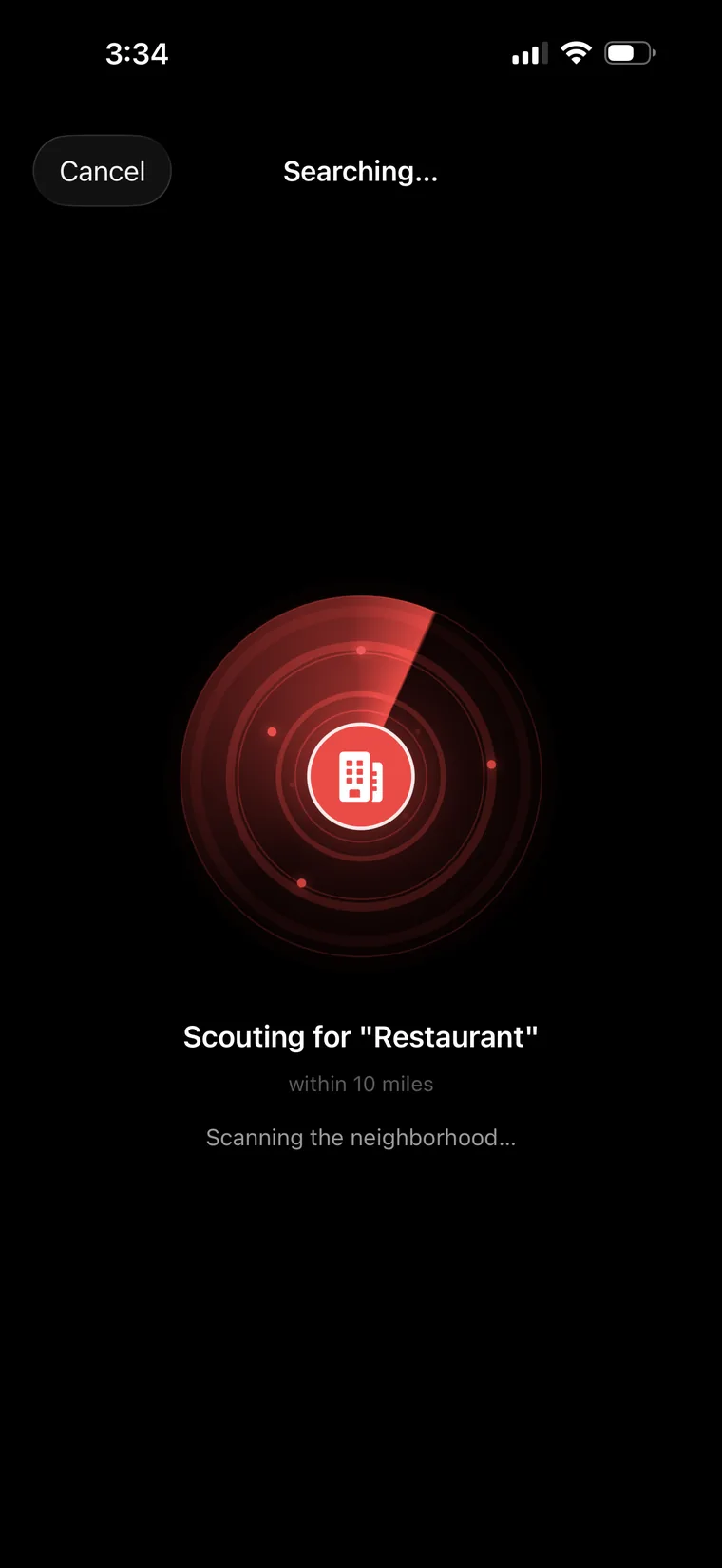 Radar-style searching animation scouting for restaurants