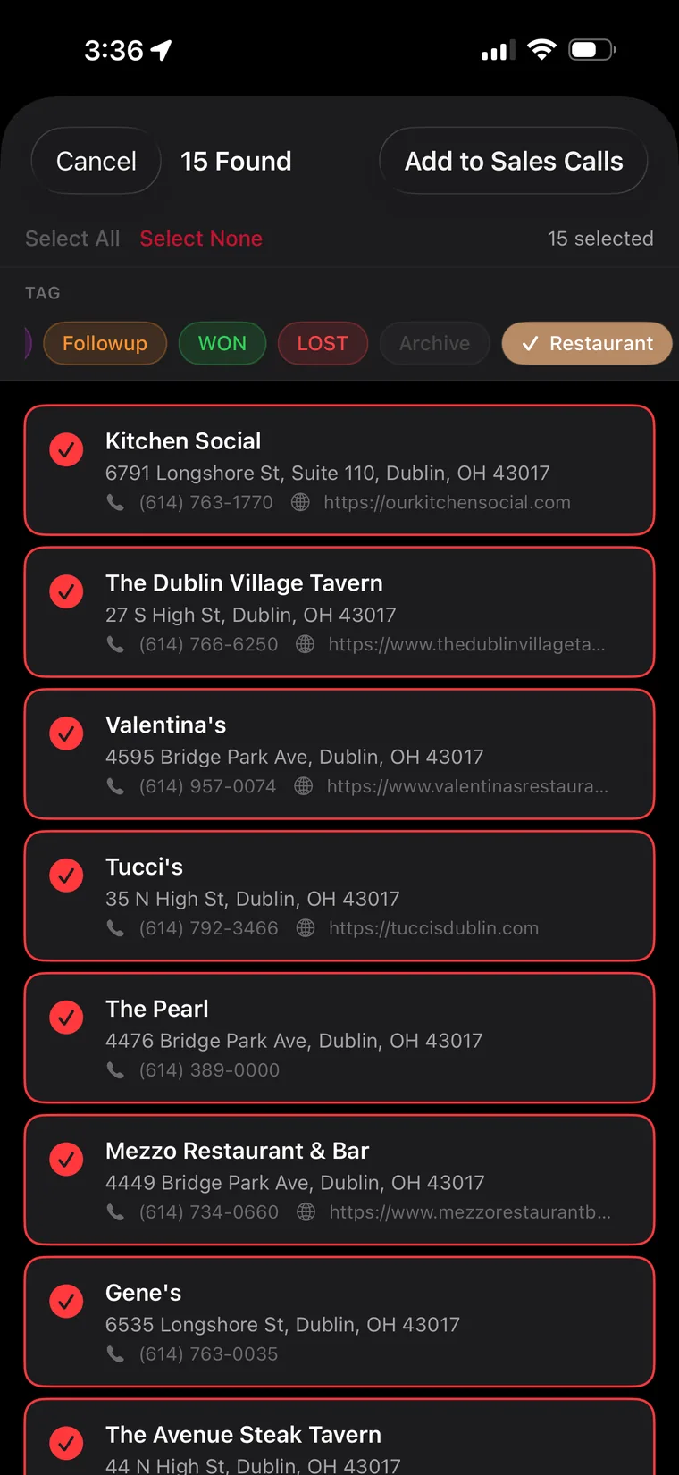 Search results showing 15 businesses found ready to add to Sales Calls