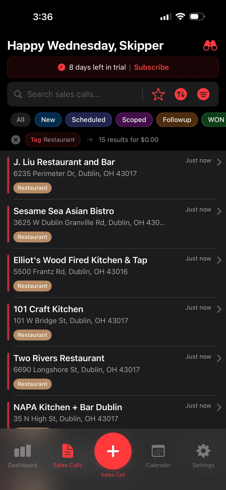 Sales Calls list filtered by Restaurant tag showing 15 results for zero dollars