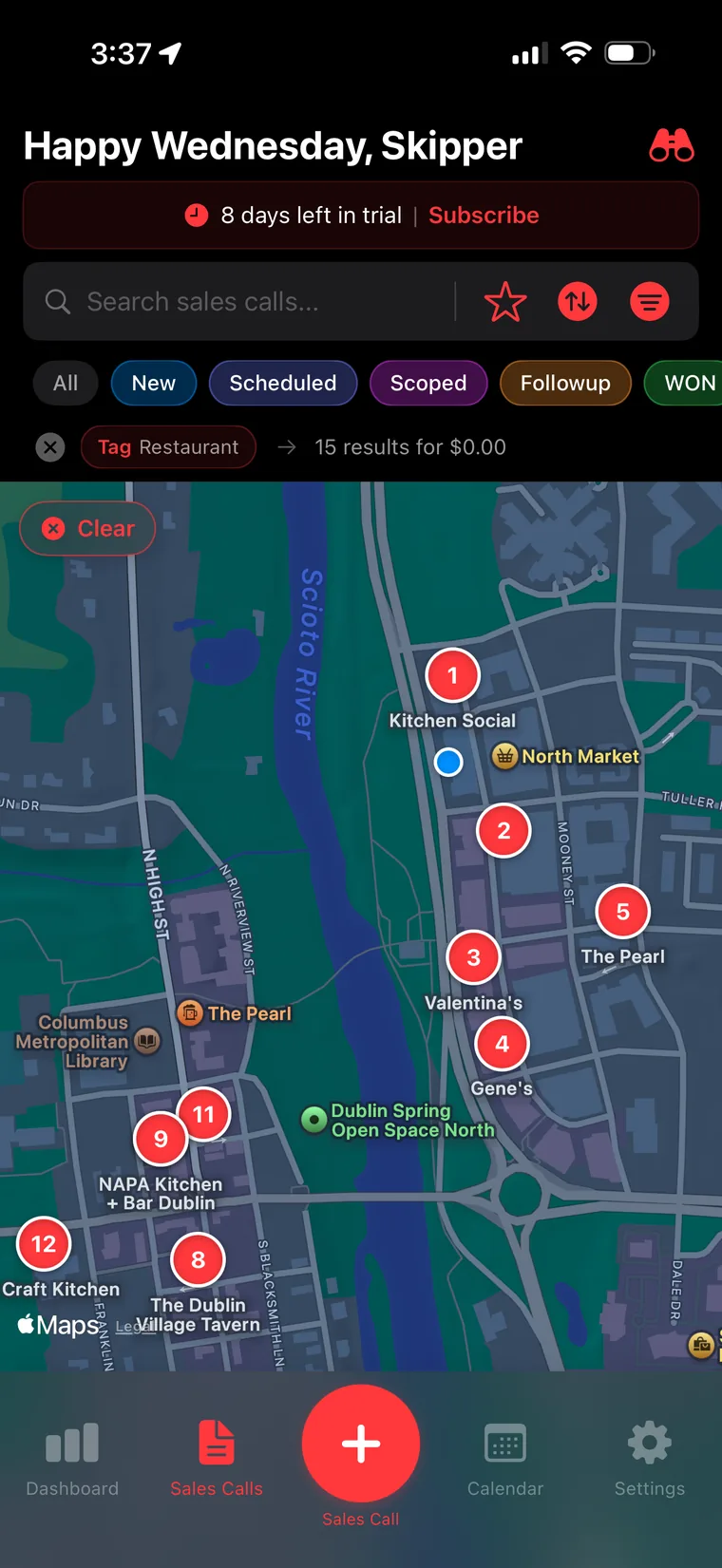 Map view with numbered pins for each prospect in Dublin Ohio