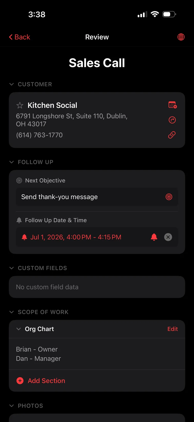Sales call review screen for Kitchen Social with follow-up objective and org chart