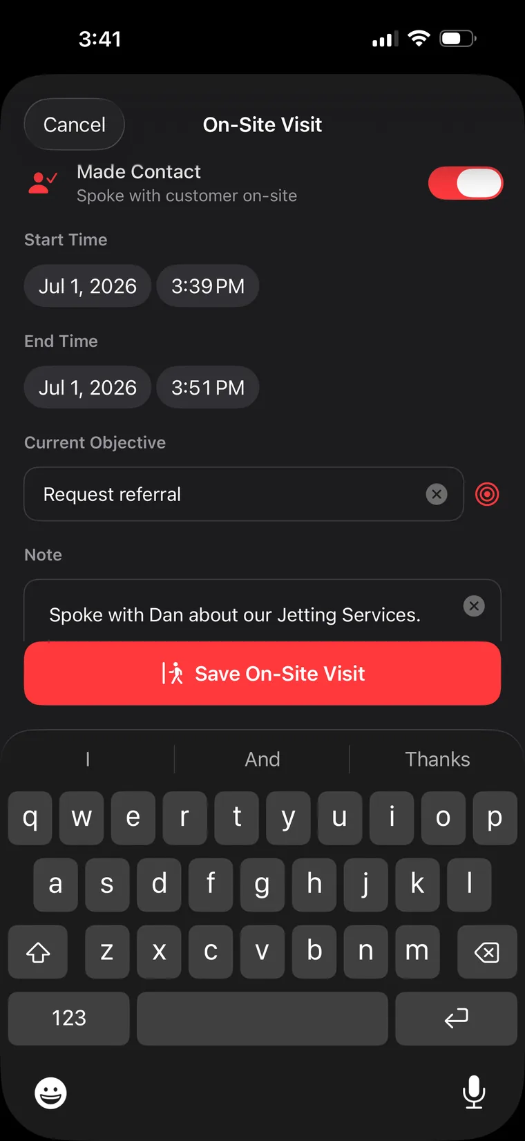 On-site visit form with Made Contact toggled on and a Request referral objective