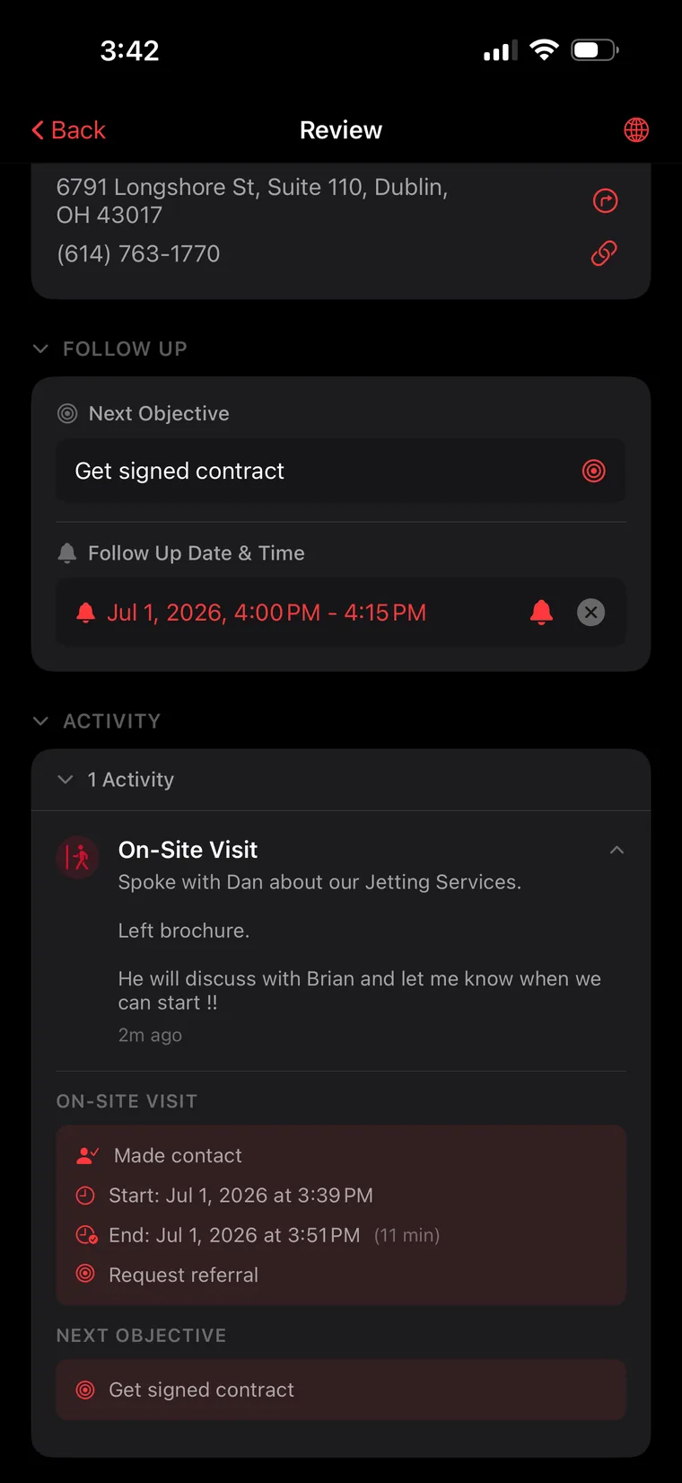 Review screen showing the logged on-site visit activity with notes and next objective