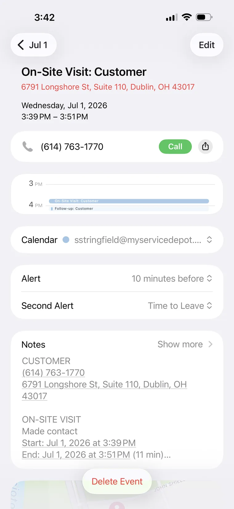 iOS calendar event created by Smart Scope with visit details and call button