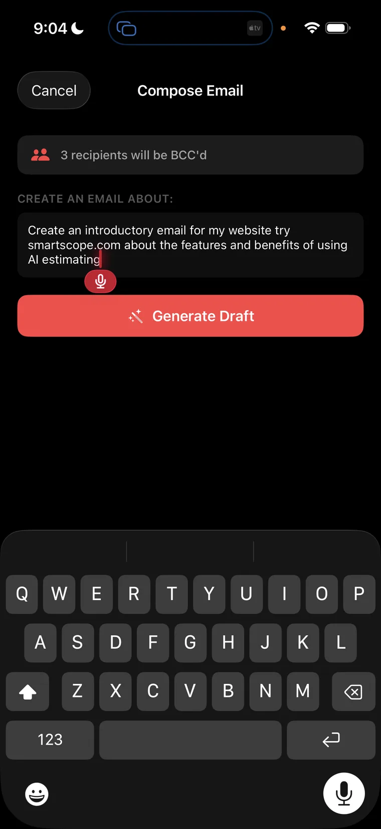 Compose Email screen with a one-sentence prompt and a Generate Draft button