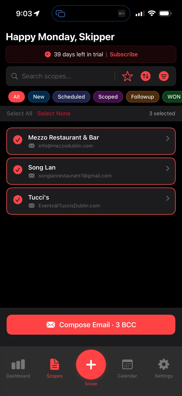 Scopes list with three prospects selected and a Compose Email with 3 BCC button at the bottom