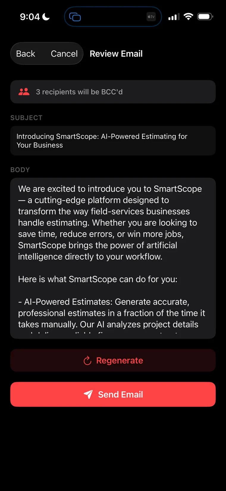 Review Email screen showing an AI-generated subject and body with Regenerate and Send Email buttons