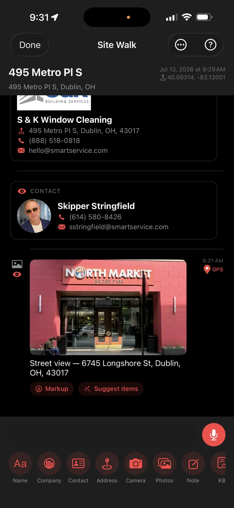 Site Walk timeline with company card, contact card, and GPS-stamped street view photo
