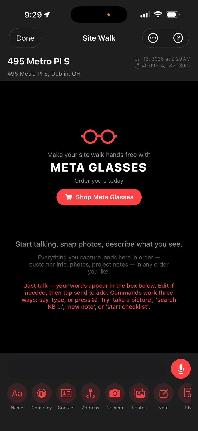 Site Walk start screen with Meta Glasses pairing and voice command hints