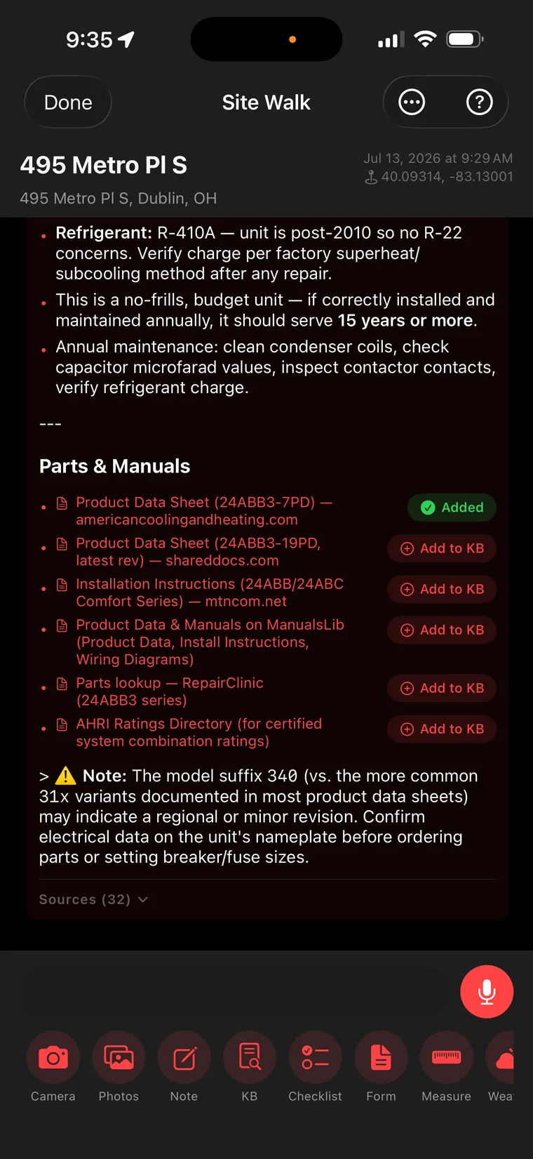 Parts and manuals list with Add to KB buttons, 32 cited sources, and a model suffix caution note