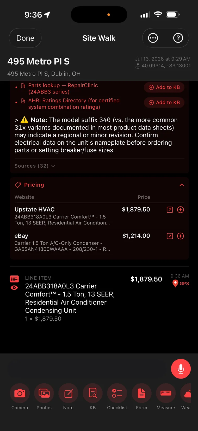 Live pricing results from suppliers with one-tap conversion into an estimate line item