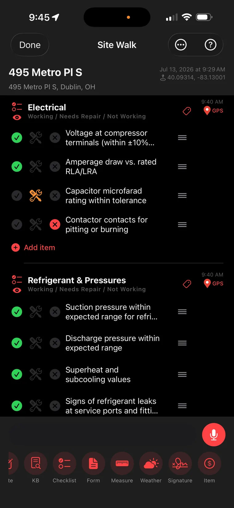 Electrical and refrigerant checklists with working, needs repair, and not working states