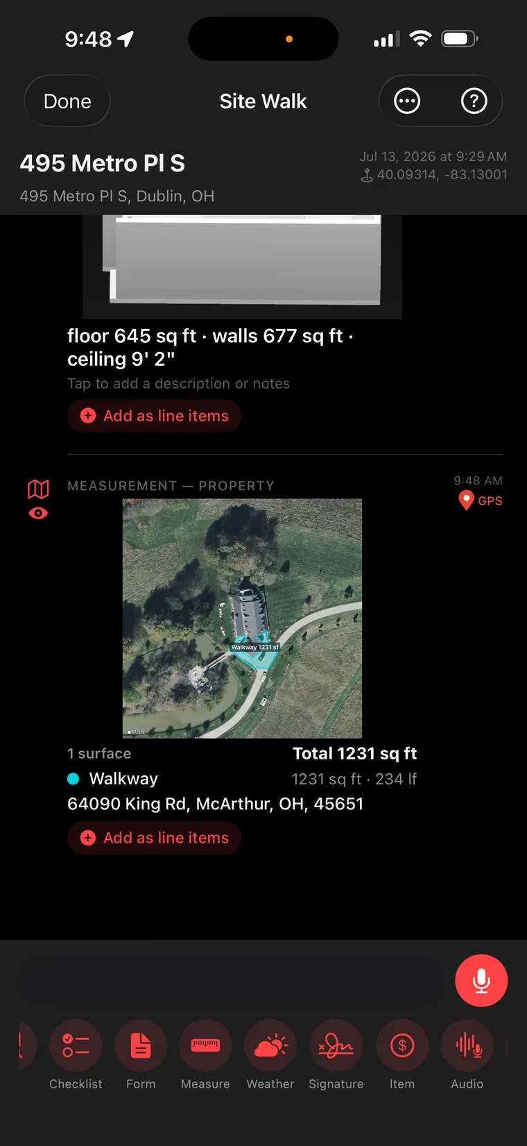 Aerial property measurement tracing a walkway with square footage and linear feet