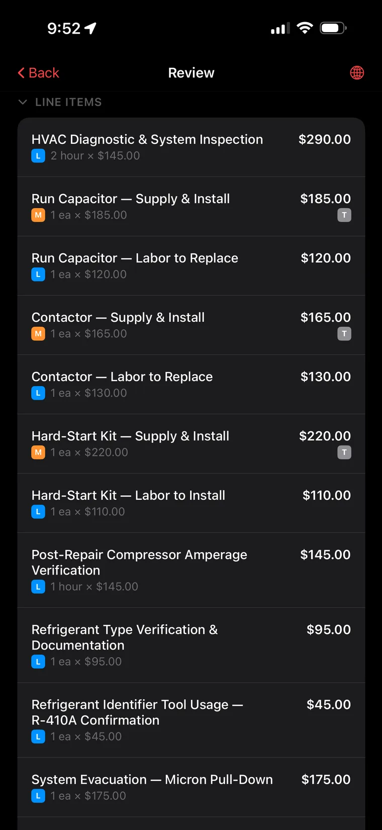 Line items list generated from inspection findings with labor and material pricing