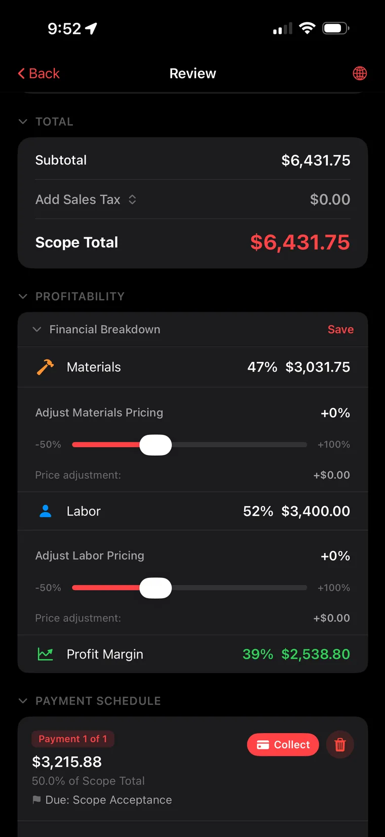 Scope total with profitability breakdown, margin sliders, and payment collection schedule