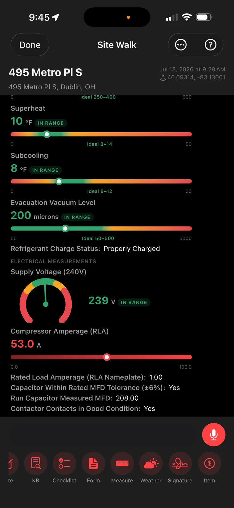 Electrical measurements showing in-range voltage and a red out-of-range compressor amperage reading