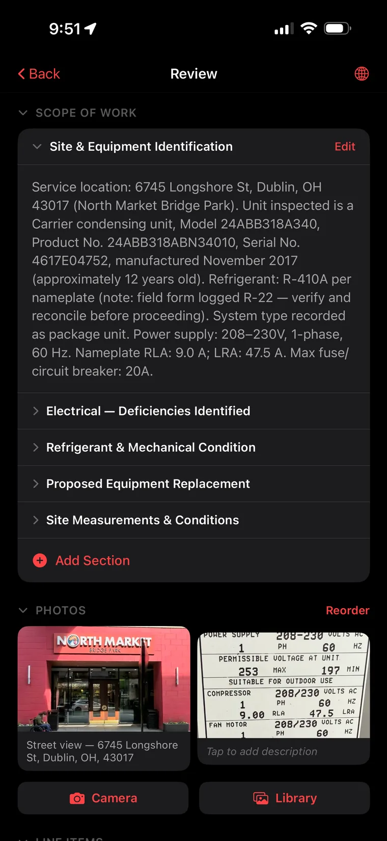 AI-written scope of work sections with auto-described photos on the review screen